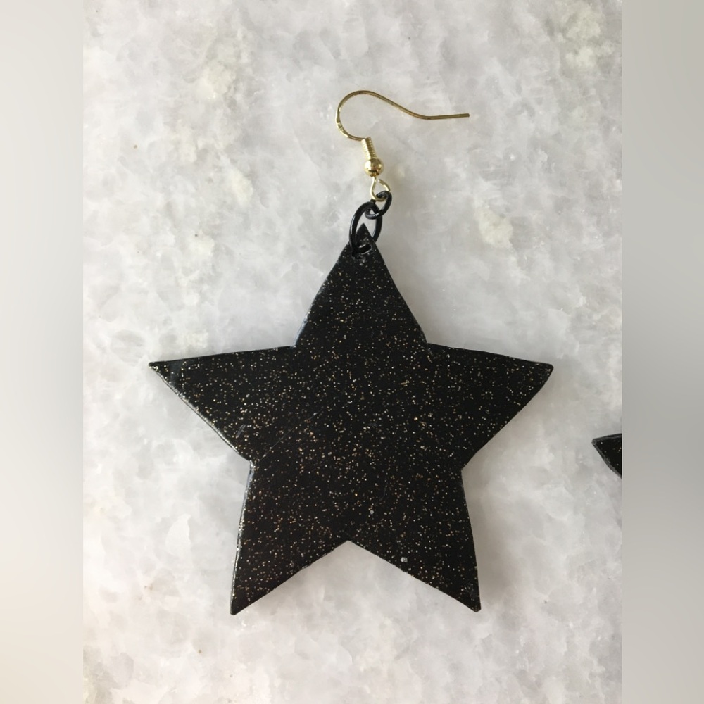 Large Black Stars with gold glitter accents handcrafted statement earrings β¨βοΈπ€ - Picture 6 of 13